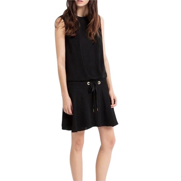 Sandro Rosilda Drawstring Waist Sleeveless Black Dress 3 LARGE - Picture 1 of 8